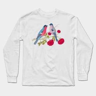 Two Bullfinch Birds and Red Flowers Wildlife Illustration Long Sleeve T-Shirt